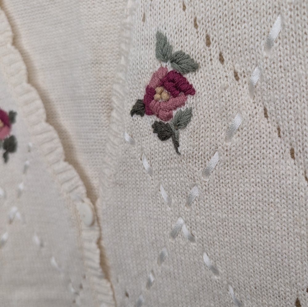 Vintage Cream Embroidered Rose Cardigan Cottagecore Floral Knit Sweater | 1X - Picture 3 of 5
